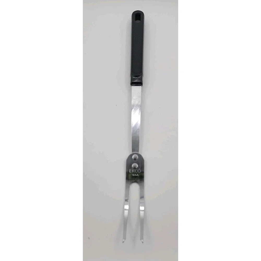 Vintage EKCO USA Stainless Steel Meat Carving Fork Black Textured Handle 10 inch